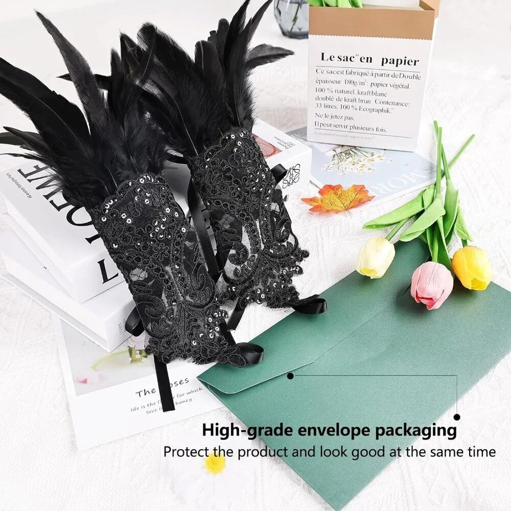 Women's Lace Feather Long Gloves Gothic Costume Accessories for Party